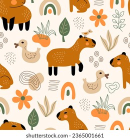 Capybara seamless pattern with doodle shapes. Trendy vector seamless background with wild exotic animal and hand drawn abstract shapes, flowers, leaves, duck and rainbow