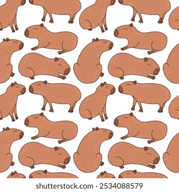 Capybara seamless pattern in flat style on white background. Vector capybaras pattern