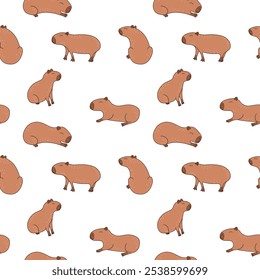 Capybara padrão sem costura em estilo plano no fundo branco. Padrão de capibaras vetoriais