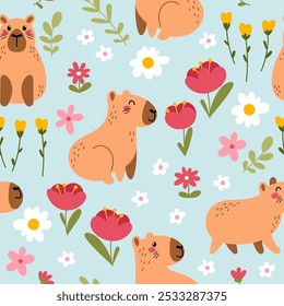 Capybara nahtloses Muster mit Blumen und Blättern auf blauem Hintergrund. Textilien, Umhüllungspapier, Tapetendesign. Druck für Stoff. Vektor süßer Hintergrund. 