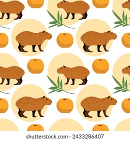 Capybara seamless pattern with leaves and oranges. Vector pattern for packaging, cover, case