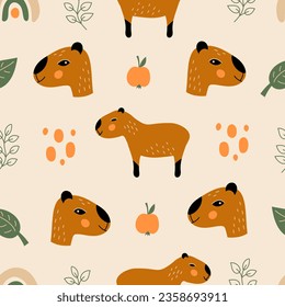 Capybara seamless pattern with nature elements. Funny capybara seamless background. Childish animal print with leaf, apple, dots. Trendy wildlife design. Vector illustration