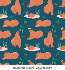 Capybara. Seamless pattern on a dark background