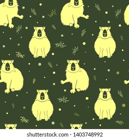 Capybara seamless pattern. Silhouette of animal with bubbles and twigs in Negative space style. Pattern with badges of a gentle mammal, perfect for packaging.