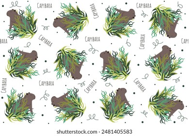 Capybara seamless pattern. Simple flat design for wallpaper print with cute Capybara in the leaves.  Naive children's vector illustration.