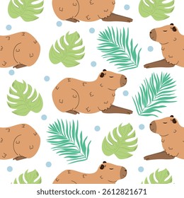 Capybara seamless pattern with tropical leaves on white background. Bright vector template for cover, package, invitation, greeting cards.