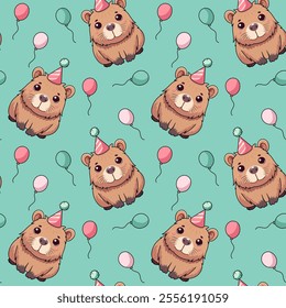 Capybara, seamless pattern, vector, isolated, simple, flat, cap. birthday, balls.