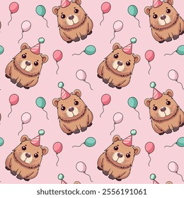 Capybara, seamless pattern, vector, isolated, simple, flat, cap. birthday, balls.