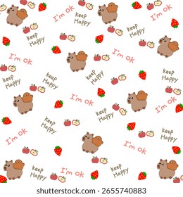Capybara seamless pattern with, strawberries, peaches, flowers and more