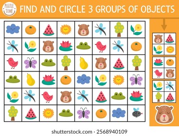 Capybara seek and find game with traditional symbols. Attention skills training puzzle with tangerine, dragonfly, frog. Capibara printable activity for kids. Searching puzzle. Find groups of objects