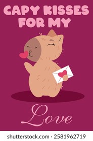 capybara sending kisses and holding a love letter on a deep pink background. Perfect for Valentine's Day, romantic messages, greeting cards, anniversaries, and heartfelt gifts expressing love