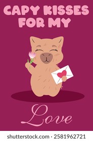 capybara sending kisses and holding a love letter on a deep pink background. Perfect for Valentine's Day, romantic messages, greeting cards, anniversaries, and heartfelt gifts expressing love