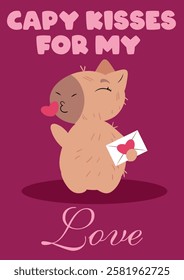 capybara sending kisses and holding a love letter on a deep pink background. Perfect for Valentine's Day, romantic messages, greeting cards, anniversaries, and heartfelt gifts expressing love