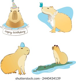 Capybara set of 4 illustrations, Capybara birthday, capybara with a butterfly, capybara and crocodile 