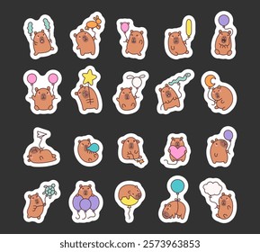 Capybara set with assorted creative balloons, charmings kawaii cartoon animals showing adorable poses and festive themes, perfect for parties, decorations and fun illustrations.