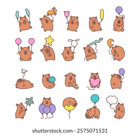 Capybara set with assorted creative balloons, charmings kawaii cartoon animals showing adorable poses and festive themes, perfect for parties, decorations and fun illustrations.