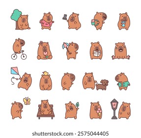 Capybara set with cute kawaii cartoon characters showing various activities, emotions, and relaxing poses in a cheerful park environment illustration for creative and playful outdoor adventures