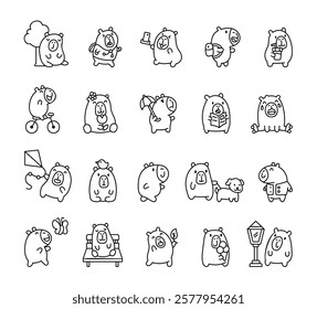 Capybara set with cute kawaii cartoon characters showing various activities, emotions, and relaxing poses in a cheerful park environment illustration for creative and playful outdoor adventures