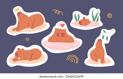 Capybara. Set of hand-drawn cute stickers