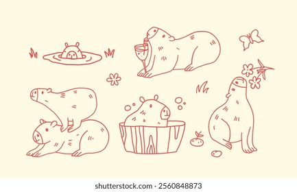 Capybara. Set of hand-drawn line illustrations