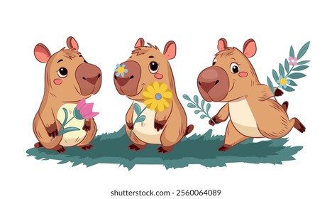 Capybara set. Spring, Summer, flowers, sunflower, forget-me-nots, twigs, leaves. Holiday background for postcard design