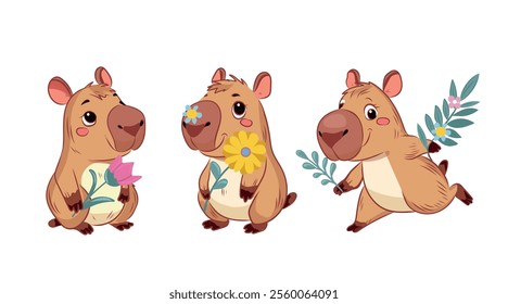 Capybara set. Spring, Summer, flowers, sunflower, forget-me-nots, twigs, leaves. Holiday background for postcard design