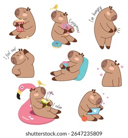 conjunto de capybara, conjunto de adesivo, capybaras bonito, engraçado, capa, legal, emoções, capybara, coloração, capa, moda, comida, lazer, fast food, pipoca, mar, flamingo, animais, personagem