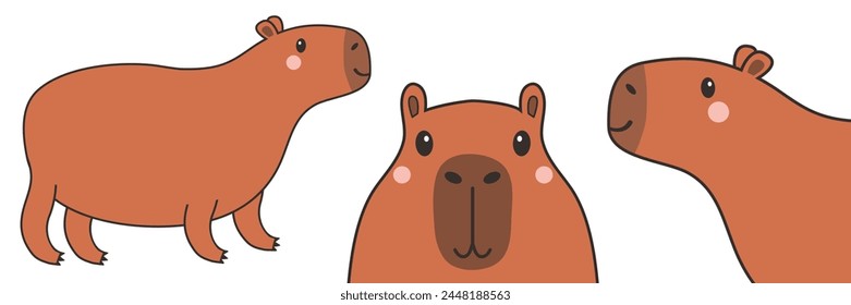 Capybara-Set. Banner von Wasserschweinen. Nette Cartoon Kawaii lustige Baby-Figur. Lächelnder Gesichtskopf. Childischer Stil. Aufkleberdruck, Grußkarte Vorlage. Flaches Design. Weißer Hintergrund. Isoliert. Vektorgrafik