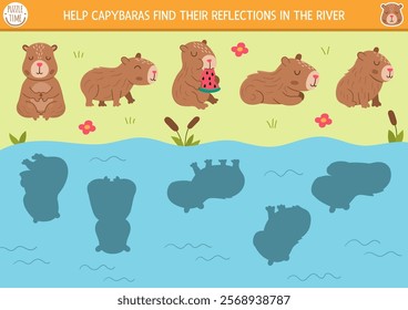 Capybara shadow matching activity with animals looking for their reflections in water. Capibara shape recognition puzzle with cute characters. Find correct silhouette printable worksheet, game