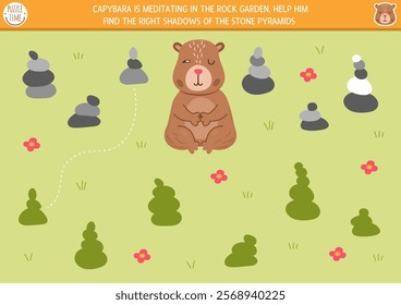 Capybara shadow matching activity with stone pyramids and their shadows on the grass. Capibara shape recognition puzzle with cute meditating animal. Find correct silhouette printable worksheet, game