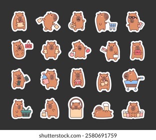 Capybara shopping set with adorable characters holding bags, carts, bottle, money, gift, and other items in funny and cheerful poses for your creative cartoon illustrations