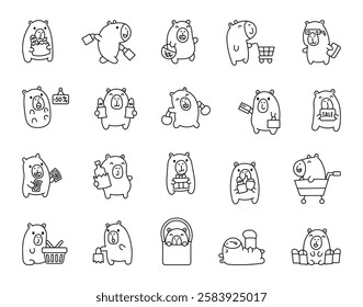 Capybara shopping set with adorable characters holding bags, carts, bottle, money, gift, and other items in funny and cheerful poses for your creative cartoon illustrations