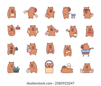 Capybara shopping set with adorable characters holding bags, carts, bottle, money, gift, and other items in funny and cheerful poses for your creative cartoon illustrations