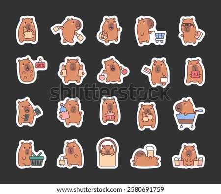 Capybara shopping set with adorable characters holding bags, carts, bottle, money, gift, and other items in funny and cheerful poses for your creative cartoon illustrations