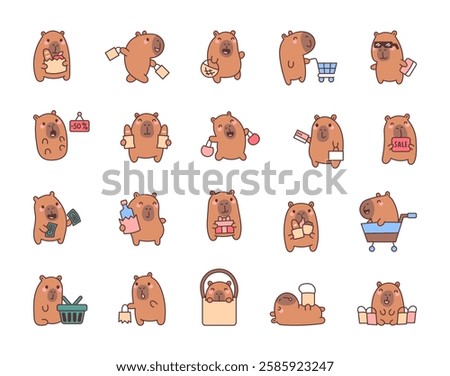 Capybara shopping set with adorable characters holding bags, carts, bottle, money, gift, and other items in funny and cheerful poses for your creative cartoon illustrations