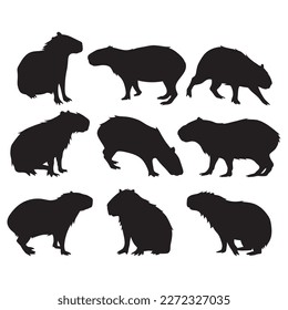 Capybara silhouette cute animals, set stencil templates for design