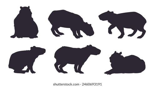 Capybara silhouette set. Cute mammal hydrochoerus, semi-aquatic capybaras wild animals stencil flat vector illustration set. Capybaras silhouette collection