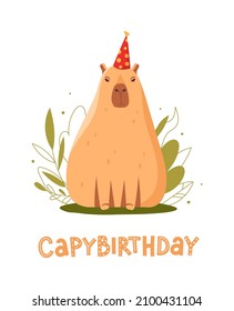 Capybara sit in a party hat, lettering capybirthday, greeting card, isolated on white background