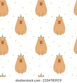 Capybara sit in a party hat seamless pattern.