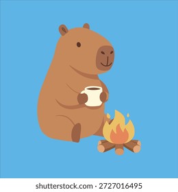 Capybara senta-se por uma fogueira segurando uma caneca em um estilo de desenho animado simples usado para uso de cenas ao ar livre acolhedor
