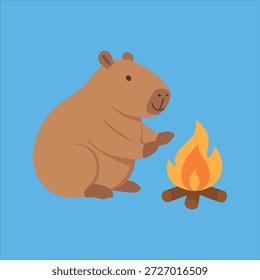 Capybara senta-se por fogueira sob céu azul