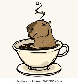 El capibara se sienta en una taza de café. Dibujo de vectores