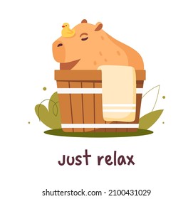 Capybara sitting in a spa bucket, lettering just relax, isolated on white background