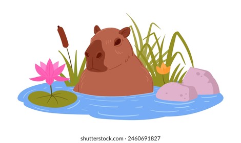 Capybara sitting in water. Cartoon semi-aquatic capybara in natural habitat, funny wild animal flat vector illustration. Herbivore mammal rodent