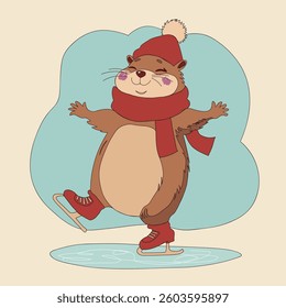 Capybara skating. Vector illustration of winter season.
