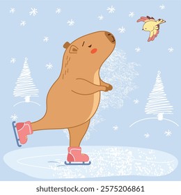 capybara skating, winter in the left, skating rink, winter games, sport, winter, snowflakes, cold, ice, figure skating, funny capybara