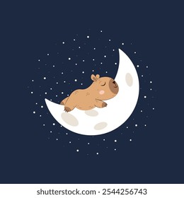 Capybara sleeps on the moon. Illustration in a cute children's style.