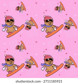 Capybara Snowboard Heart Pattern Pink