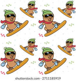 Capybara Snowboard Seamless Pattern White