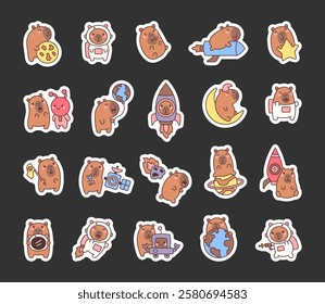 Capybara space adventure set featuring astronauts, rockets, planets, and smiling characters exploring cosmic wonders with charming expressions in a fun cartoon style for your illustrations